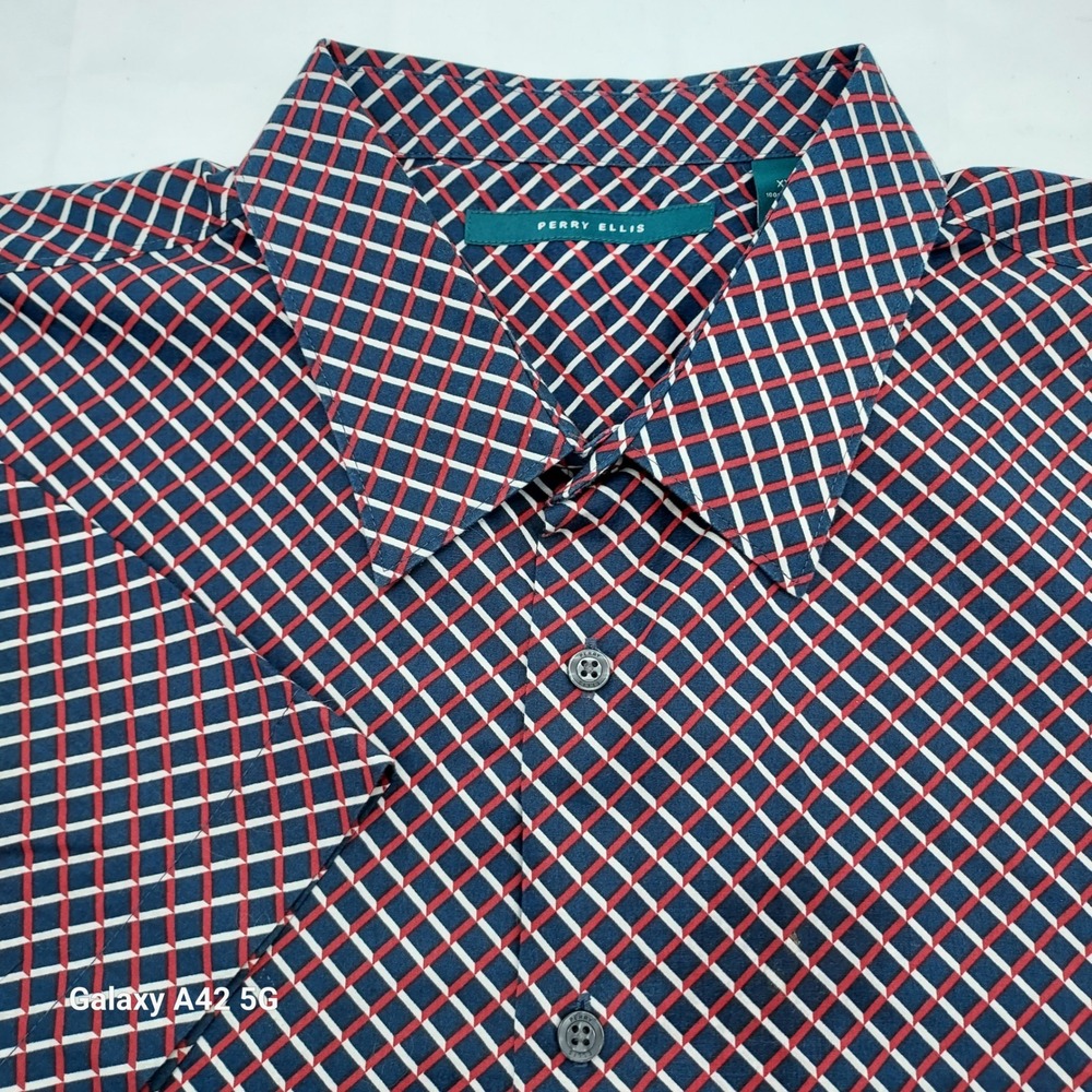 Perry Ellis Mens Short Sleeve Button Shirt Geometric Pattern Navy Red White XXL